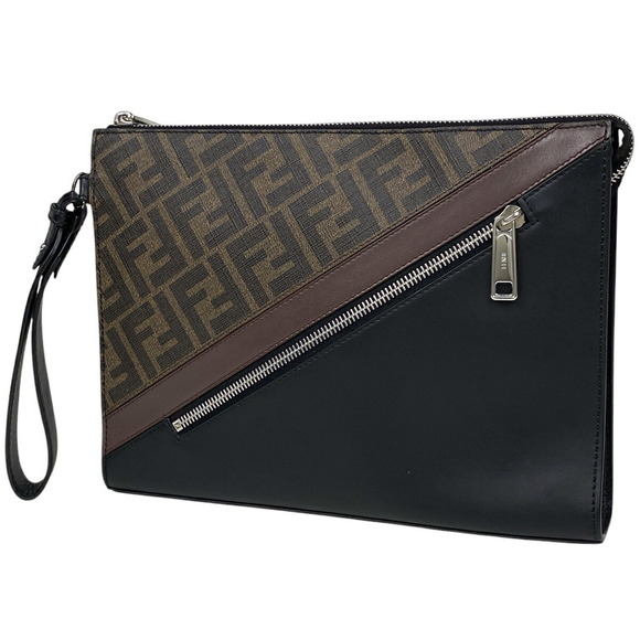 Fendi Diagonal Canvas Brown Zucca Clutch Bag Black - Picture 1 of 6